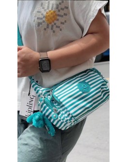 Kipling『牛角包』白綠條紋輕巧多袋側背包 GABBETTE S